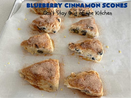 Blueberry Cinnamon Scones | Can't Stay Out of the Kitchen | these #scones are absolutely delightful.. They have a soft, almost bread-like texture & they're filled with #blueberries, baked with a #CinnamonSugar topping & iced with a powdered sugar glaze. They're fantastic for weekend, company or a #holiday #breakfast. Every bite will have you swooning! #BlueberryCinnamonScones