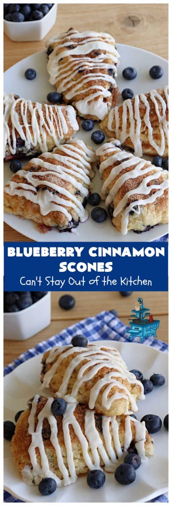 Blueberry Cinnamon Scones | Can't Stay Out of the Kitchen | these #scones are absolutely delightful.. They have a soft, almost bread-like texture & they're filled with #blueberries, baked with a #CinnamonSugar topping & iced with a powdered sugar glaze. They're fantastic for weekend, company or a #holiday #breakfast. Every bite will have you swooning! #BlueberryCinnamonScones