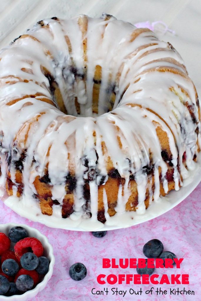Blueberry Coffeecake | Can't Stay Out of the Kitchen | This luscious coffee #cake is filled with two layers of #blueberries & #streusel filling. It's our family's favorite #coffeecake #recipe. It's terrific for #breakfast or #dessert. Everyone always raves over it. #HolidayBreakfast #BlueberryCoffeecake #BlueberryDessert #Brunch #BundtCake #BlueberryCake