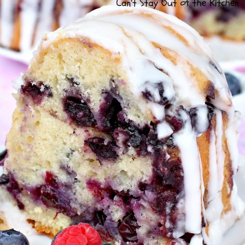 Blueberry Coffeecake | Can't Stay Out of the Kitchen | This luscious coffee #cake is filled with two layers of #blueberries & #streusel filling. It's our family's favorite #coffeecake #recipe. It's terrific for #breakfast or #dessert. Everyone always raves over it. #HolidayBreakfast #BlueberryCoffeecake #BlueberryDessert #Brunch #BundtCake #BlueberryCake