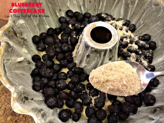 Blueberry Coffeecake | Can't Stay Out of the Kitchen | This luscious coffee #cake is filled with two layers of #blueberries & #streusel filling. It's our family's favorite #coffeecake #recipe. It's terrific for #breakfast or #dessert. Everyone always raves over it. #HolidayBreakfast #BlueberryCoffeecake #BlueberryDessert #Brunch #BundtCake #BlueberryCake