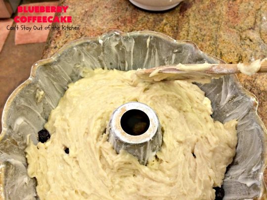 Blueberry Coffeecake | Can't Stay Out of the Kitchen | This luscious coffee #cake is filled with two layers of #blueberries & #streusel filling. It's our family's favorite #coffeecake #recipe. It's terrific for #breakfast or #dessert. Everyone always raves over it. #HolidayBreakfast #BlueberryCoffeecake #BlueberryDessert #Brunch #BundtCake #BlueberryCake