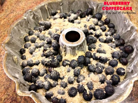 Blueberry Coffeecake | Can't Stay Out of the Kitchen | This luscious coffee #cake is filled with two layers of #blueberries & #streusel filling. It's our family's favorite #coffeecake #recipe. It's terrific for #breakfast or #dessert. Everyone always raves over it. #HolidayBreakfast #BlueberryCoffeecake #BlueberryDessert #Brunch #BundtCake #BlueberryCake