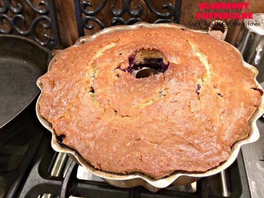 Blueberry Coffeecake | Can't Stay Out of the Kitchen | This luscious coffee #cake is filled with two layers of #blueberries & #streusel filling. It's our family's favorite #coffeecake #recipe. It's terrific for #breakfast or #dessert. Everyone always raves over it. #HolidayBreakfast #BlueberryCoffeecake #BlueberryDessert #Brunch #BundtCake #BlueberryCake