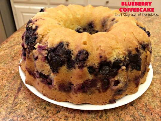 Blueberry Coffeecake | Can't Stay Out of the Kitchen | This luscious coffee #cake is filled with two layers of #blueberries & #streusel filling. It's our family's favorite #coffeecake #recipe. It's terrific for #breakfast or #dessert. Everyone always raves over it. #HolidayBreakfast #BlueberryCoffeecake #BlueberryDessert #Brunch #BundtCake #BlueberryCake