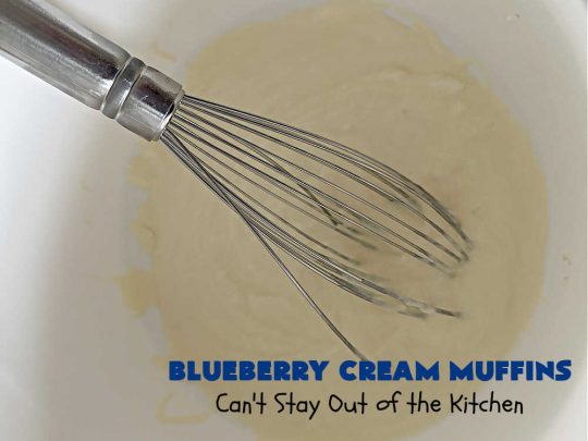 Blueberry Cream Muffins | Can't Stay Out of the Kitchen | these delectable #muffins are just bursting with #blueberries--in the batter & on top! They're terrific for a weekend, company or #holiday #breakfast. Be prepared! Everyone will want seconds. #HolidayBreakfast #BlueberryCream Muffins