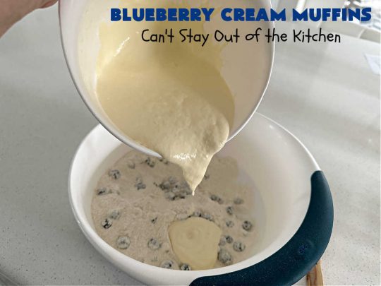 Blueberry Cream Muffins | Can't Stay Out of the Kitchen | these delectable #muffins are just bursting with #blueberries--in the batter & on top! They're terrific for a weekend, company or #holiday #breakfast. Be prepared! Everyone will want seconds. #HolidayBreakfast #BlueberryCream Muffins