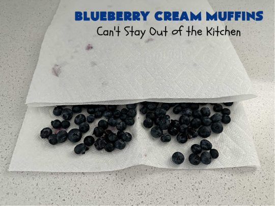 Blueberry Cream Muffins | Can't Stay Out of the Kitchen | these delectable #muffins are just bursting with #blueberries--in the batter & on top! They're terrific for a weekend, company or #holiday #breakfast. Be prepared! Everyone will want seconds. #HolidayBreakfast #BlueberryCream Muffins