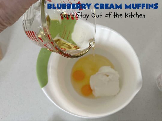 Blueberry Cream Muffins | Can't Stay Out of the Kitchen | these delectable #muffins are just bursting with #blueberries--in the batter & on top! They're terrific for a weekend, company or #holiday #breakfast. Be prepared! Everyone will want seconds. #HolidayBreakfast #BlueberryCream Muffins
