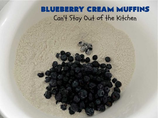 Blueberry Cream Muffins | Can't Stay Out of the Kitchen | these delectable #muffins are just bursting with #blueberries--in the batter & on top! They're terrific for a weekend, company or #holiday #breakfast. Be prepared! Everyone will want seconds. #HolidayBreakfast #BlueberryCream Muffins
