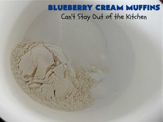 Blueberry Cream Muffins | Can't Stay Out of the Kitchen | these delectable #muffins are just bursting with #blueberries--in the batter & on top! They're terrific for a weekend, company or #holiday #breakfast. Be prepared! Everyone will want seconds. #HolidayBreakfast #BlueberryCream Muffins