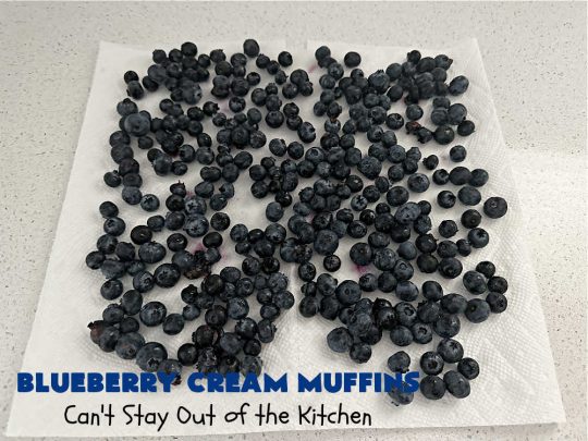 Blueberry Cream Muffins | Can't Stay Out of the Kitchen | these delectable #muffins are just bursting with #blueberries--in the batter & on top! They're terrific for a weekend, company or #holiday #breakfast. Be prepared! Everyone will want seconds. #HolidayBreakfast #BlueberryCream Muffins