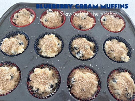 Blueberry Cream Muffins | Can't Stay Out of the Kitchen | these delectable #muffins are just bursting with #blueberries--in the batter & on top! They're terrific for a weekend, company or #holiday #breakfast. Be prepared! Everyone will want seconds. #HolidayBreakfast #BlueberryCream Muffins