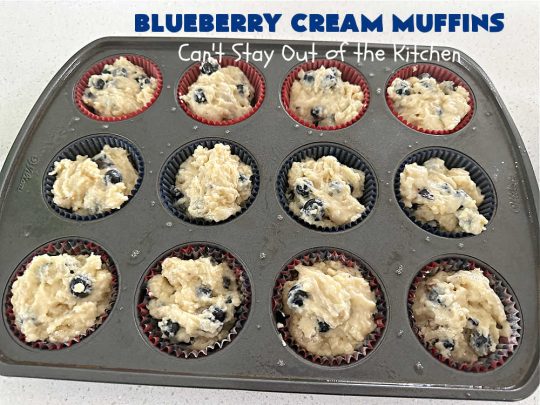 Blueberry Cream Muffins | Can't Stay Out of the Kitchen | these delectable #muffins are just bursting with #blueberries--in the batter & on top! They're terrific for a weekend, company or #holiday #breakfast. Be prepared! Everyone will want seconds. #HolidayBreakfast #BlueberryCream Muffins