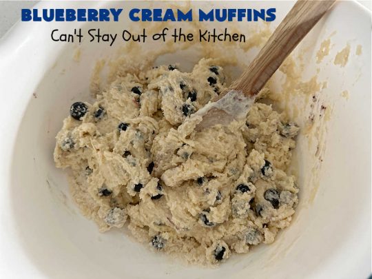 Blueberry Cream Muffins | Can't Stay Out of the Kitchen | these delectable #muffins are just bursting with #blueberries--in the batter & on top! They're terrific for a weekend, company or #holiday #breakfast. Be prepared! Everyone will want seconds. #HolidayBreakfast #BlueberryCream Muffins