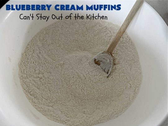Blueberry Cream Muffins | Can't Stay Out of the Kitchen | these delectable #muffins are just bursting with #blueberries--in the batter & on top! They're terrific for a weekend, company or #holiday #breakfast. Be prepared! Everyone will want seconds. #HolidayBreakfast #BlueberryCream Muffins