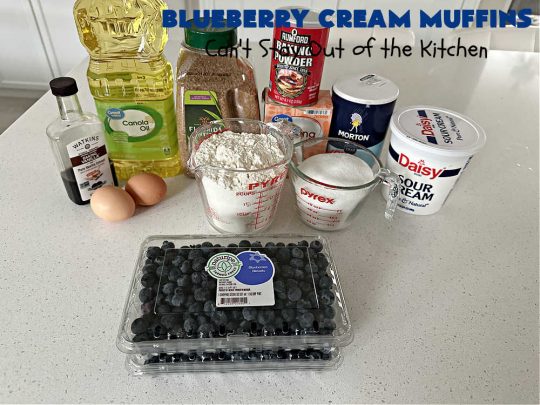 Blueberry Cream Muffins | Can't Stay Out of the Kitchen | these delectable #muffins are just bursting with #blueberries--in the batter & on top! They're terrific for a weekend, company or #holiday #breakfast. Be prepared! Everyone will want seconds. #HolidayBreakfast #BlueberryCream Muffins