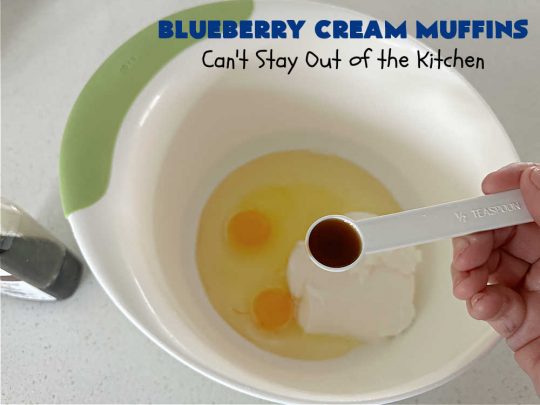 Blueberry Cream Muffins | Can't Stay Out of the Kitchen | these delectable #muffins are just bursting with #blueberries--in the batter & on top! They're terrific for a weekend, company or #holiday #breakfast. Be prepared! Everyone will want seconds. #HolidayBreakfast #BlueberryCream Muffins