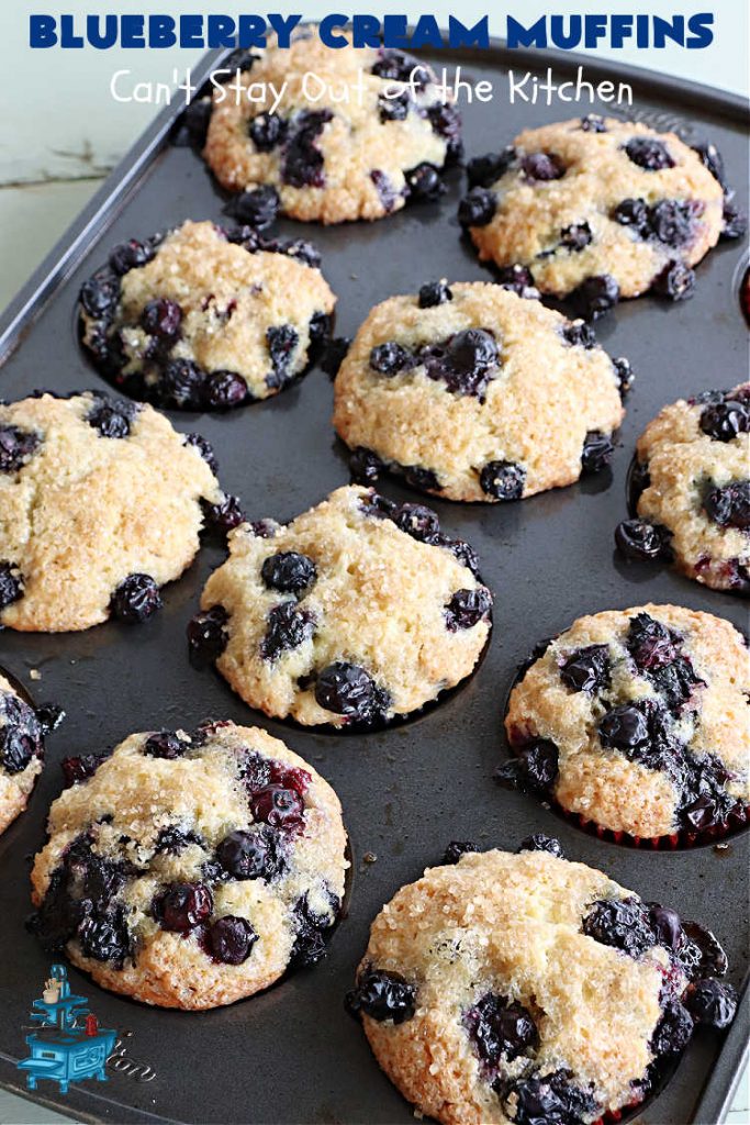 Blueberry Cream Muffins | Can't Stay Out of the Kitchen | these delectable #muffins are just bursting with #blueberries--in the batter & on top! They're terrific for a weekend, company or #holiday #breakfast. Be prepared! Everyone will want seconds. #HolidayBreakfast #BlueberryCream Muffins