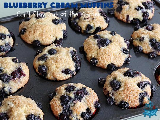Blueberry Cream Muffins | Can't Stay Out of the Kitchen | these delectable #muffins are just bursting with #blueberries--in the batter & on top! They're terrific for a weekend, company or #holiday #breakfast. Be prepared! Everyone will want seconds. #HolidayBreakfast #BlueberryCream Muffins