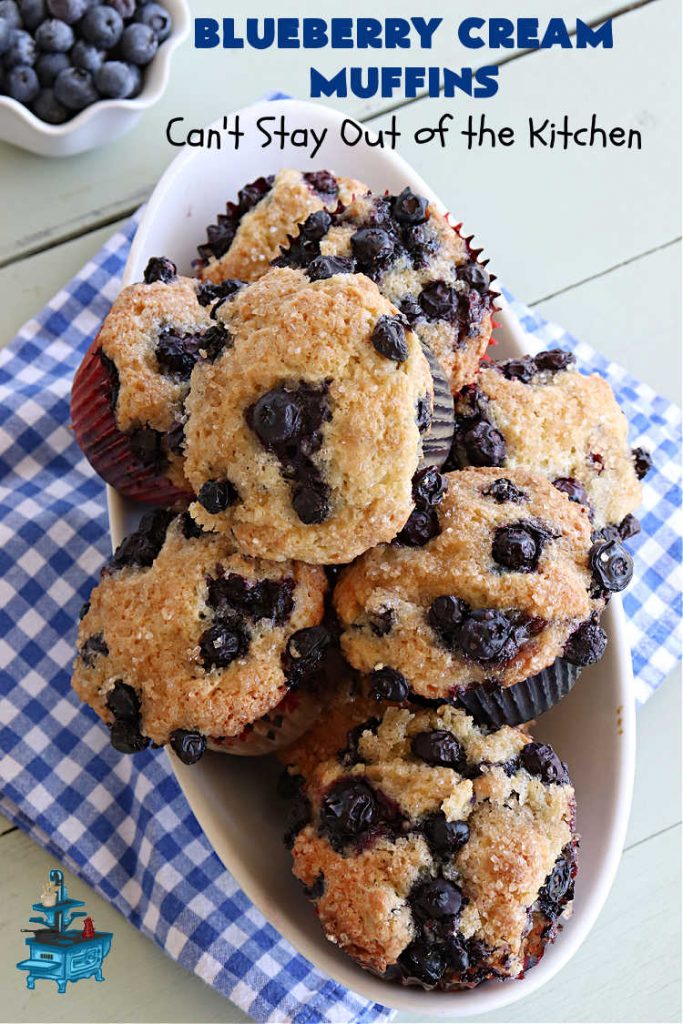 Blueberry Cream Muffins | Can't Stay Out of the Kitchen | these delectable #muffins are just bursting with #blueberries--in the batter & on top! They're terrific for a weekend, company or #holiday #breakfast. Be prepared! Everyone will want seconds. #HolidayBreakfast #BlueberryCream Muffins