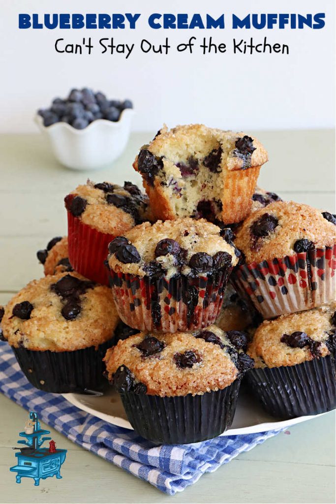 Blueberry Cream Muffins | Can't Stay Out of the Kitchen | these delectable #muffins are just bursting with #blueberries--in the batter & on top! They're terrific for a weekend, company or #holiday #breakfast. Be prepared! Everyone will want seconds. #HolidayBreakfast #BlueberryCream Muffins