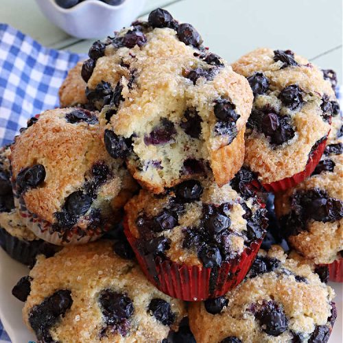 Blueberry Cream Muffins | Can't Stay Out of the Kitchen | these delectable #muffins are just bursting with #blueberries--in the batter & on top! They're terrific for a weekend, company or #holiday #breakfast. Be prepared! Everyone will want seconds. #HolidayBreakfast #BlueberryCream Muffins
