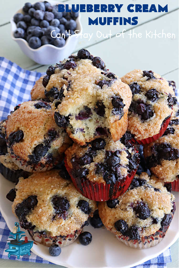 Blueberry Cream Muffins | Can't Stay Out of the Kitchen | these delectable #muffins are just bursting with #blueberries--in the batter & on top! They're terrific for a weekend, company or #holiday #breakfast. Be prepared! Everyone will want seconds. #HolidayBreakfast #BlueberryCream Muffins