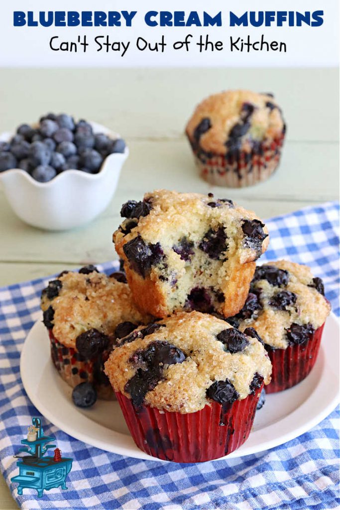 Blueberry Cream Muffins | Can't Stay Out of the Kitchen | these delectable #muffins are just bursting with #blueberries--in the batter & on top! They're terrific for a weekend, company or #holiday #breakfast. Be prepared! Everyone will want seconds. #HolidayBreakfast #BlueberryCream Muffins
