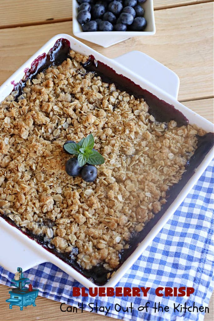 Blueberry Crisp | Can't Stay Out of the Kitchen | This delectable #blueberry #dessert uses #BlueberryPieFilling on the bottom & a lovely #Oatmeal #Streusel topping. It's best served right out of the oven & with a scoop of #VanillaIceCream! This delicious #BlueberryDessert is great for company or potlucks & will surely rock your world! #BlueberryCrisp