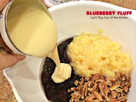 Blueberry Fluff | Can't Stay Out of the Kitchen | This amazing #salad tastes like #dessert! It's quick & easy & perfect for summer #holiday fun, family reunions & backyard #BBQs. #blueberrypiefilling #pineapple