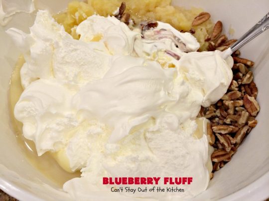Blueberry Fluff | Can't Stay Out of the Kitchen | This amazing #salad tastes like #dessert! It's quick & easy & perfect for summer #holiday fun, family reunions & backyard #BBQs. #blueberrypiefilling #pineapple