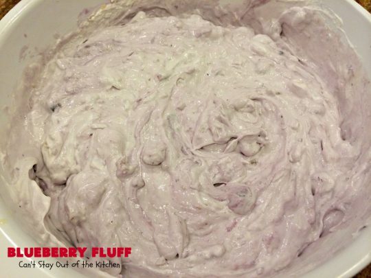 Blueberry Fluff | Can't Stay Out of the Kitchen | This amazing #salad tastes like #dessert! It's quick & easy & perfect for summer #holiday fun, family reunions & backyard #BBQs. #blueberrypiefilling #pineapple