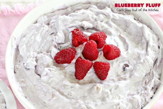 Blueberry Fluff | Can't Stay Out of the Kitchen | This amazing #salad tastes like #dessert! It's quick & easy & perfect for summer #holiday fun, family reunions & backyard #BBQs. #blueberrypiefilling #pineapple