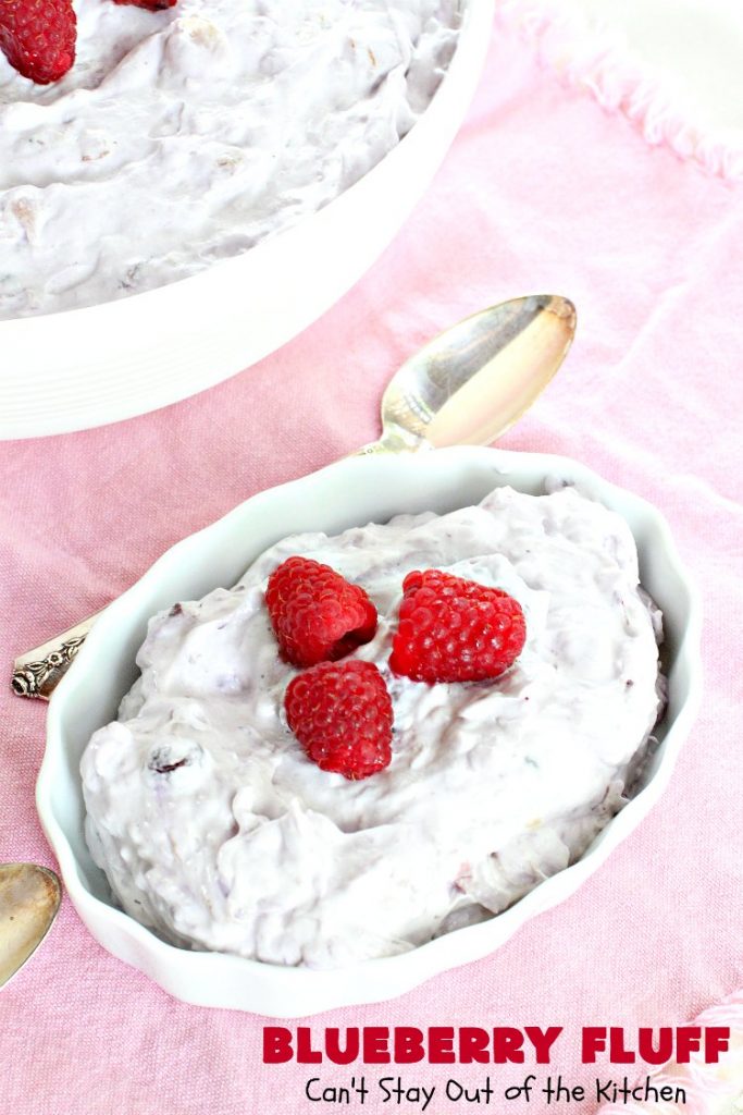 Blueberry Fluff | Can't Stay Out of the Kitchen | This amazing #salad tastes like #dessert! It's quick & easy & perfect for summer #holiday fun, family reunions & backyard #BBQs. #blueberrypiefilling #pineapple