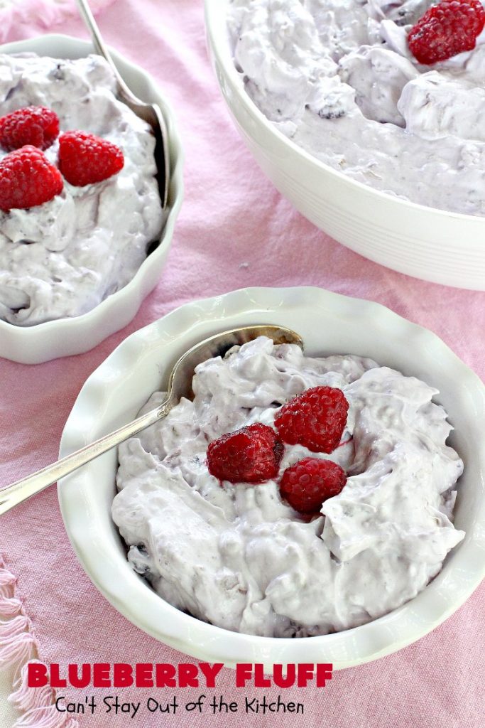 Blueberry Fluff | Can't Stay Out of the Kitchen | This amazing #salad tastes like #dessert! It's quick & easy & perfect for summer #holiday fun, family reunions & backyard #BBQs. #blueberrypiefilling #pineapple
