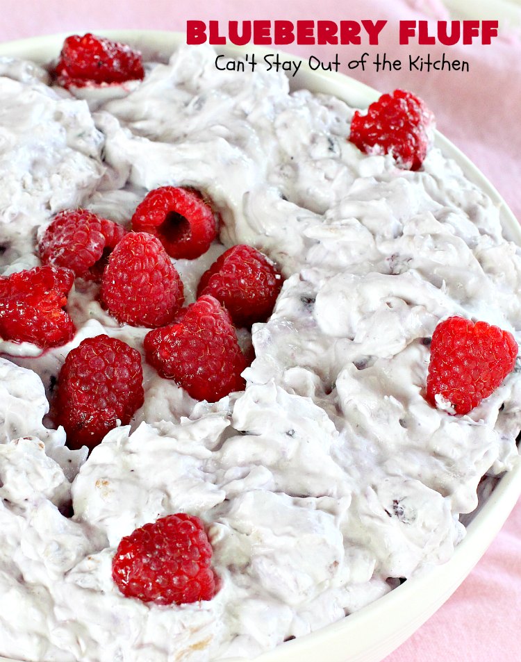 Blueberry Fluff | Can't Stay Out of the Kitchen | This amazing #salad tastes like #dessert! It's quick & easy & perfect for summer #holiday fun, family reunions & backyard #BBQs. #blueberrypiefilling #pineapple