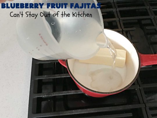 Blueberry Fruit Fajitas | Can't Stay Out of the Kitchen | These lovely #FruitFajitas use #BlueberryPieFilling and are wrapped in #tortillas. Then they're saturated in a lovely syrup before baking. This delightful #recipe is great for #dessert but since they're like #crepes we enjoy them for #breakfast too. #HolidayDessert #BlueberryDessert #CincoDeMayo #Blueberries #BlueberryFruitFajitas