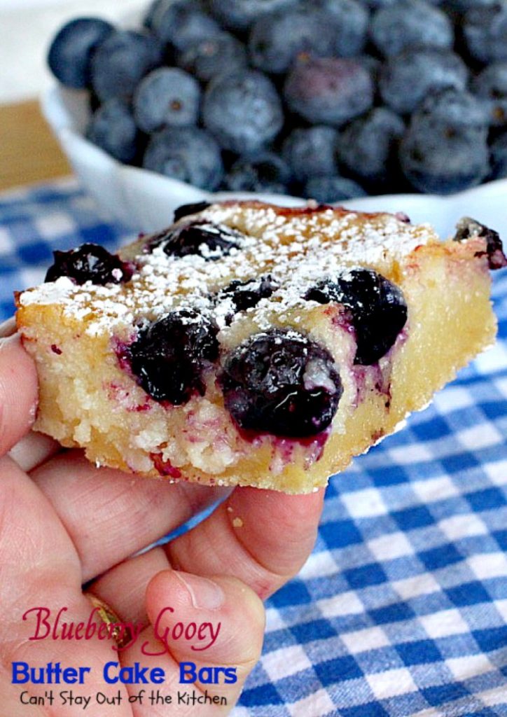 Blueberry Gooey Butter Cake Bars | Can't Stay Out of the Kitchen | you will drool over every bite of these fantastic #brownies. They are ooey, gooey and delicious with a great twist by using #blueberries. #dessert #cookies