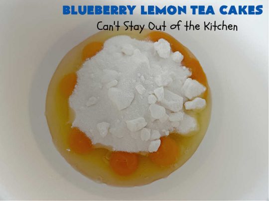 Blueberry Lemon Tea Cakes | Can't Stay Out of the Kitchen | these adorable #TeaCakes are made with fresh #blueberries & 3 kinds of #lemon flavoring including #LemonZest, #LemonJuice & #LemonExtract. They pop in flavor & are both #SugarFree & #GlutenFree. Terrific #dessert for family or friends with #Celiac or #Diabetes. #BlueberryDessert #LemonDessert #cake #BlueberryLemonTeaCakes