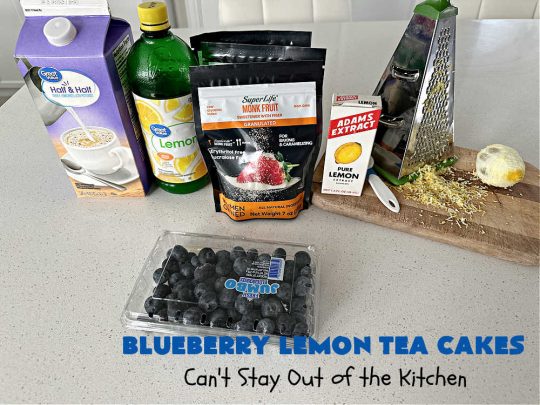 Blueberry Lemon Tea Cakes | Can't Stay Out of the Kitchen | these adorable #TeaCakes are made with fresh #blueberries & 3 kinds of #lemon flavoring including #LemonZest, #LemonJuice & #LemonExtract. They pop in flavor & are both #SugarFree & #GlutenFree. Terrific #dessert for family or friends with #Celiac or #Diabetes. #BlueberryDessert #LemonDessert #cake #BlueberryLemonTeaCakes