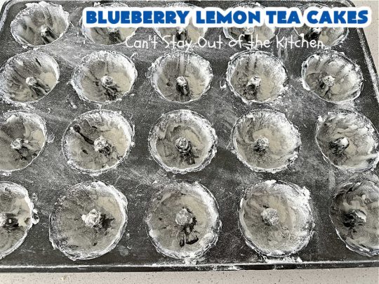 Blueberry Lemon Tea Cakes | Can't Stay Out of the Kitchen | these adorable #TeaCakes are made with fresh #blueberries & 3 kinds of #lemon flavoring including #LemonZest, #LemonJuice & #LemonExtract. They pop in flavor & are both #SugarFree & #GlutenFree. Terrific #dessert for family or friends with #Celiac or #Diabetes. #BlueberryDessert #LemonDessert #cake #BlueberryLemonTeaCakes
