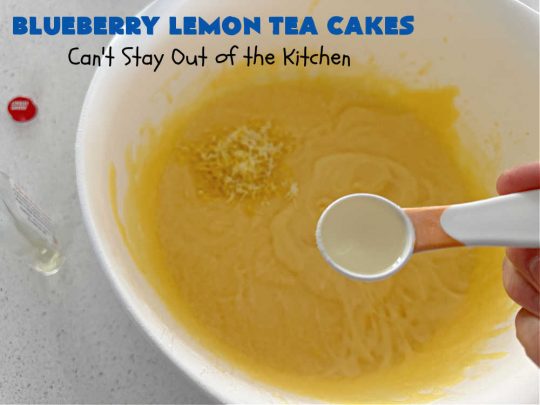 Blueberry Lemon Tea Cakes | Can't Stay Out of the Kitchen | these adorable #TeaCakes are made with fresh #blueberries & 3 kinds of #lemon flavoring including #LemonZest, #LemonJuice & #LemonExtract. They pop in flavor & are both #SugarFree & #GlutenFree. Terrific #dessert for family or friends with #Celiac or #Diabetes. #BlueberryDessert #LemonDessert #cake #BlueberryLemonTeaCakes