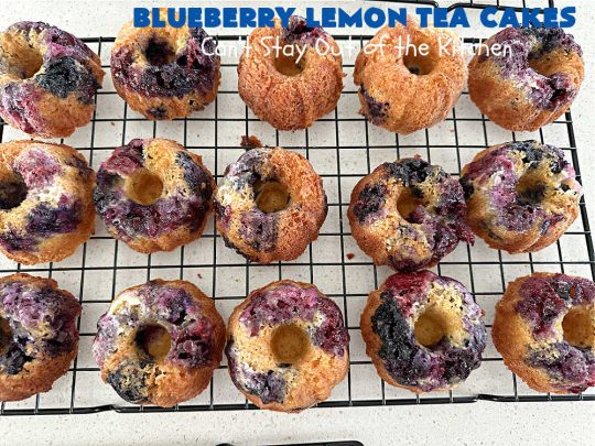 Blueberry Lemon Tea Cakes | Can't Stay Out of the Kitchen | these adorable #TeaCakes are made with fresh #blueberries & 3 kinds of #lemon flavoring including #LemonZest, #LemonJuice & #LemonExtract. They pop in flavor & are both #SugarFree & #GlutenFree. Terrific #dessert for family or friends with #Celiac or #Diabetes. #BlueberryDessert #LemonDessert #cake #BlueberryLemonTeaCakes