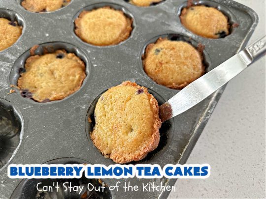 Blueberry Lemon Tea Cakes | Can't Stay Out of the Kitchen | these adorable #TeaCakes are made with fresh #blueberries & 3 kinds of #lemon flavoring including #LemonZest, #LemonJuice & #LemonExtract. They pop in flavor & are both #SugarFree & #GlutenFree. Terrific #dessert for family or friends with #Celiac or #Diabetes. #BlueberryDessert #LemonDessert #cake #BlueberryLemonTeaCakes
