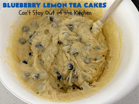 Blueberry Lemon Tea Cakes | Can't Stay Out of the Kitchen | these adorable #TeaCakes are made with fresh #blueberries & 3 kinds of #lemon flavoring including #LemonZest, #LemonJuice & #LemonExtract. They pop in flavor & are both #SugarFree & #GlutenFree. Terrific #dessert for family or friends with #Celiac or #Diabetes. #BlueberryDessert #LemonDessert #cake #BlueberryLemonTeaCakes