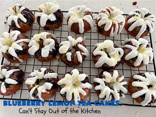 Blueberry Lemon Tea Cakes | Can't Stay Out of the Kitchen | these adorable #TeaCakes are made with fresh #blueberries & 3 kinds of #lemon flavoring including #LemonZest, #LemonJuice & #LemonExtract. They pop in flavor & are both #SugarFree & #GlutenFree. Terrific #dessert for family or friends with #Celiac or #Diabetes. #BlueberryDessert #LemonDessert #cake #BlueberryLemonTeaCakes