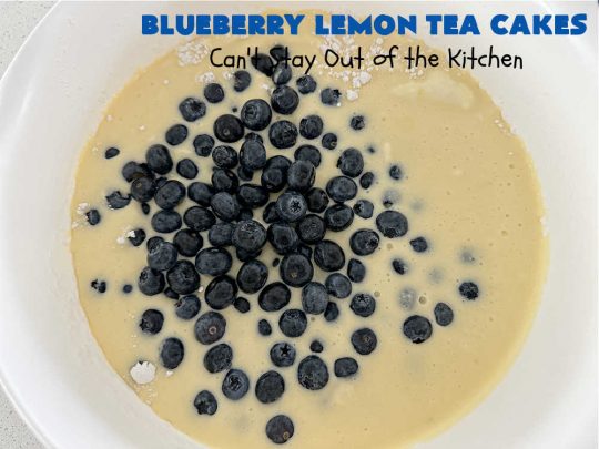 Blueberry Lemon Tea Cakes | Can't Stay Out of the Kitchen | these adorable #TeaCakes are made with fresh #blueberries & 3 kinds of #lemon flavoring including #LemonZest, #LemonJuice & #LemonExtract. They pop in flavor & are both #SugarFree & #GlutenFree. Terrific #dessert for family or friends with #Celiac or #Diabetes. #BlueberryDessert #LemonDessert #cake #BlueberryLemonTeaCakes