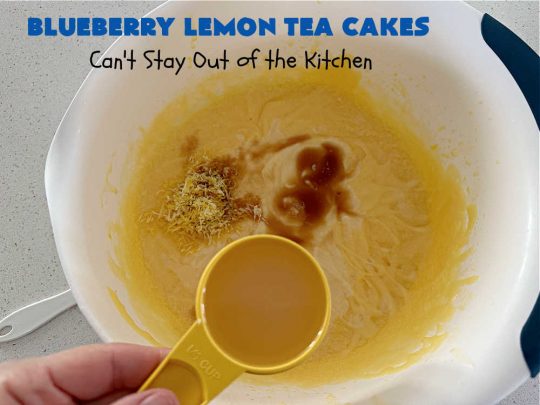 Blueberry Lemon Tea Cakes | Can't Stay Out of the Kitchen | these adorable #TeaCakes are made with fresh #blueberries & 3 kinds of #lemon flavoring including #LemonZest, #LemonJuice & #LemonExtract. They pop in flavor & are both #SugarFree & #GlutenFree. Terrific #dessert for family or friends with #Celiac or #Diabetes. #BlueberryDessert #LemonDessert #cake #BlueberryLemonTeaCakes
