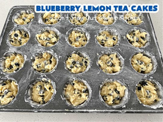 Blueberry Lemon Tea Cakes | Can't Stay Out of the Kitchen | these adorable #TeaCakes are made with fresh #blueberries & 3 kinds of #lemon flavoring including #LemonZest, #LemonJuice & #LemonExtract. They pop in flavor & are both #SugarFree & #GlutenFree. Terrific #dessert for family or friends with #Celiac or #Diabetes. #BlueberryDessert #LemonDessert #cake #BlueberryLemonTeaCakes